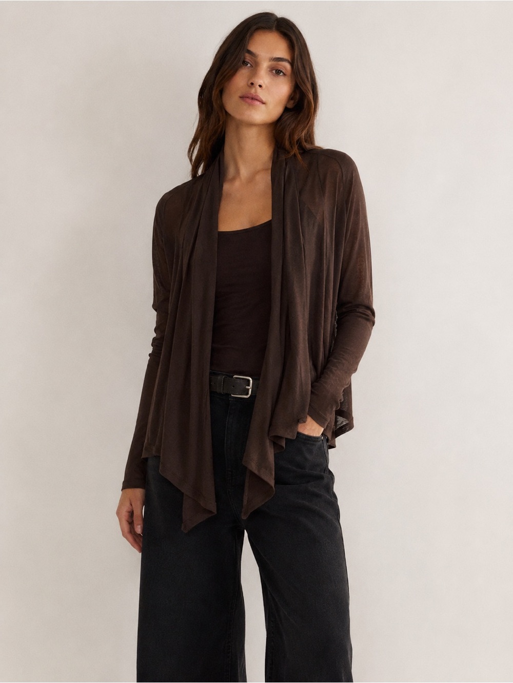 LINE WATERFALL LIGHTWEIGHT KNIT OPEN CARDIGAN